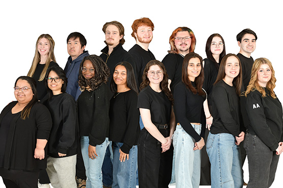 Large group standing together on a white background